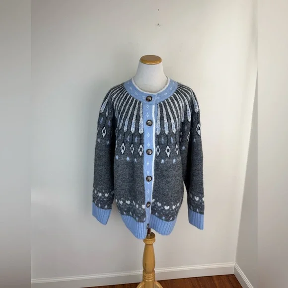 NWT Blank NYC Fair Isle Hot Take Chunky Knit Cardigan Sweater Grey Combo Size M - Picture 3 of 7